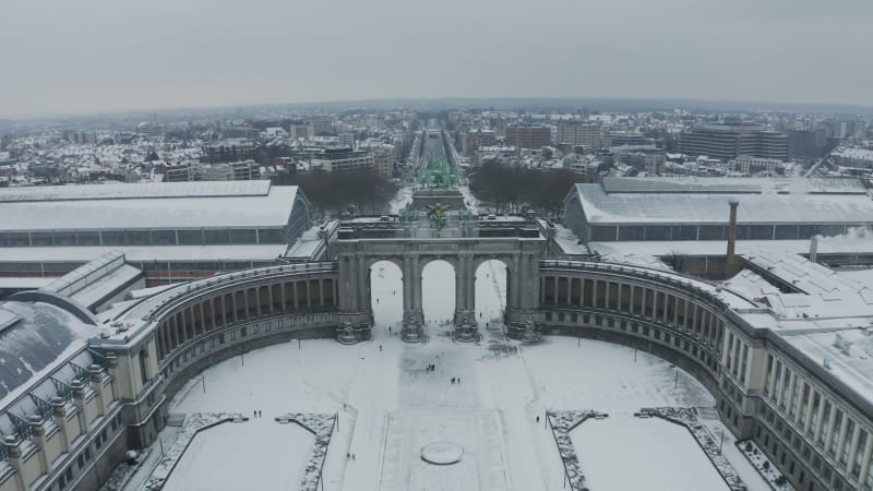 Aerial view of Arc du Cinquantenaire in wintertime, Brussel, Belgium.