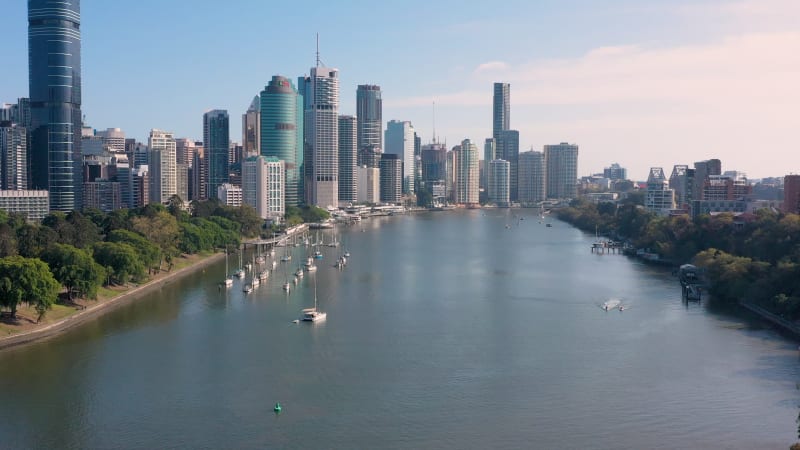 Aerial view of the Brisbane River and Brisbane city