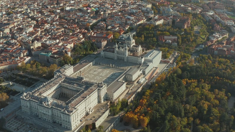 Aerial footage of Royal Palace complex. Historic buildings and official residence of the Spanish royal family.