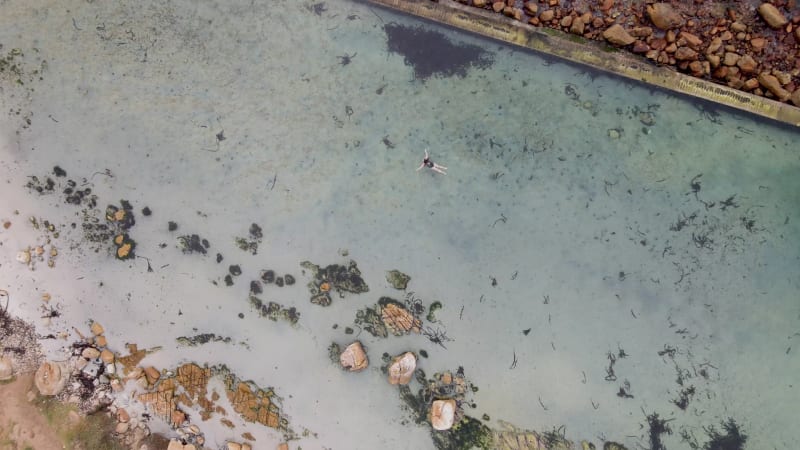 Aerial view of woman swimming in Glencairn pool, Cape Town, South Africa.