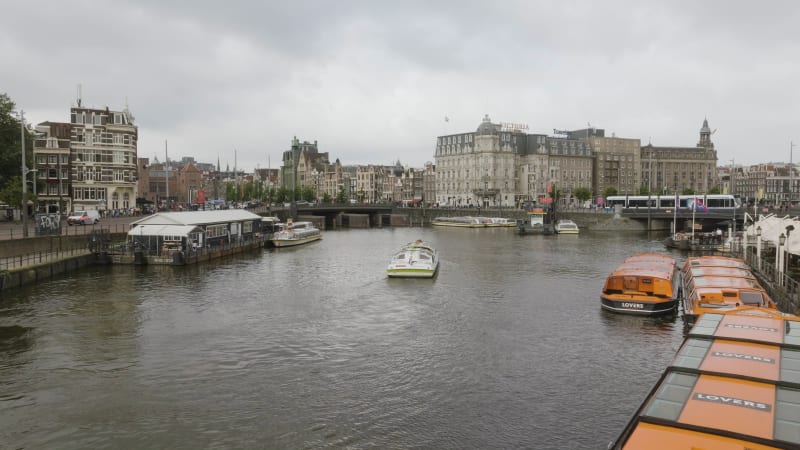 Overhead View of Canal Cruise near Amsterdam Central Station