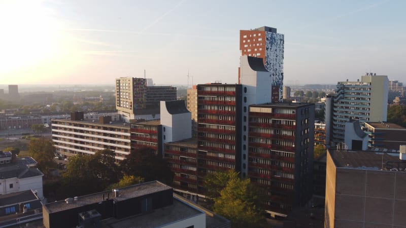 Nimbus and other buildings on the Spoorstraat in Nijmegen, Gelderland province, the Netherlands.