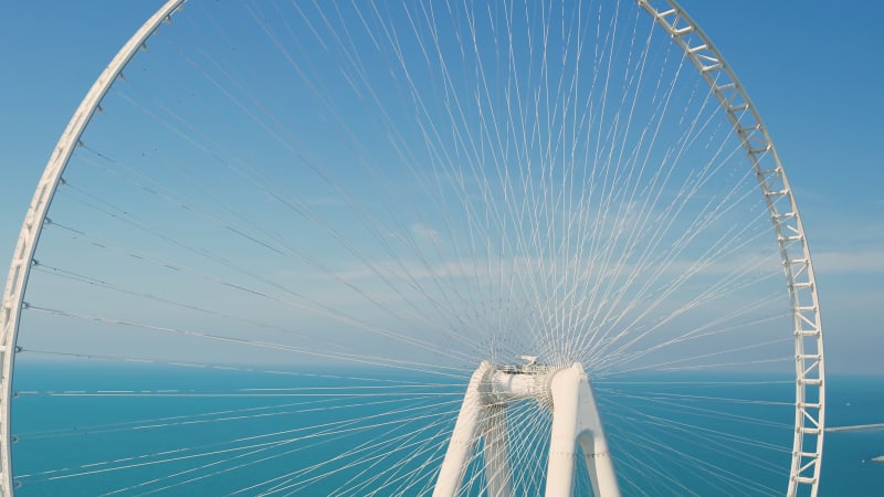 Aerial view of the Ferris wheel under construction on Bluewaters island.