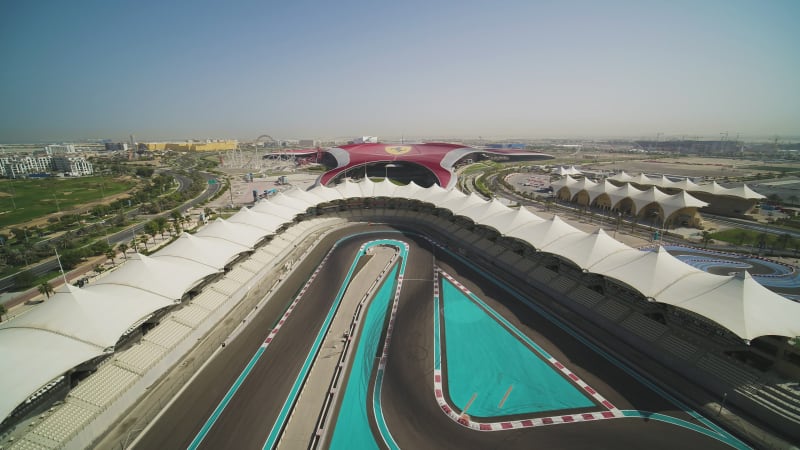 Aerial view of Yas Marina race circuit in Abu Dhabi, United Arab Emirates.