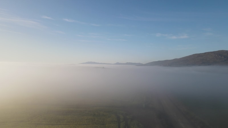 Aerial view of Overberg farm with green field and fog, Western Cape, South Africa