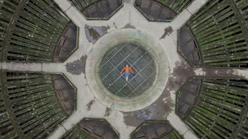 Aerial view of a man in a Power Plant, Charleroi, Belgium.