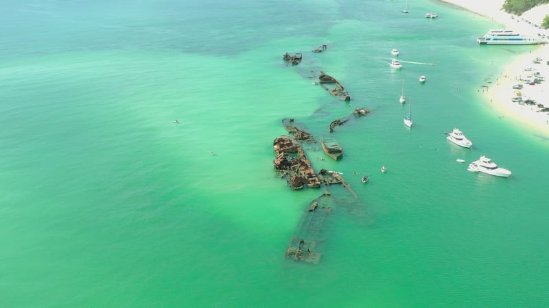 Aerial Flyover of Tangalooma Shipwrecks in Brisbane Australia in the Summer