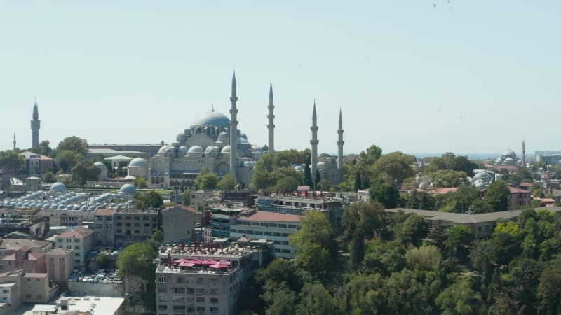 Mosque on Hill in Istanbul City Center with Clear Blue Sky and Seagulls passing frame, Slow Aerial dolly right