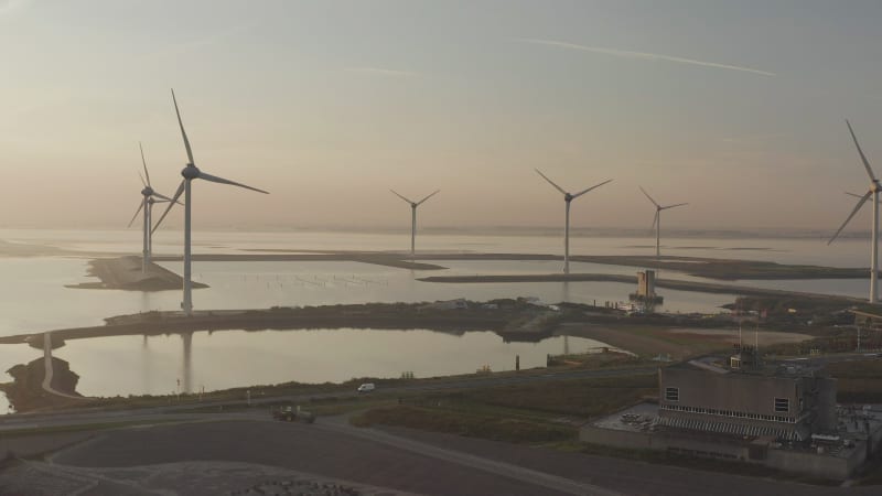 Beautiful windmill aerial view on ocean bay in the city of Netherlands