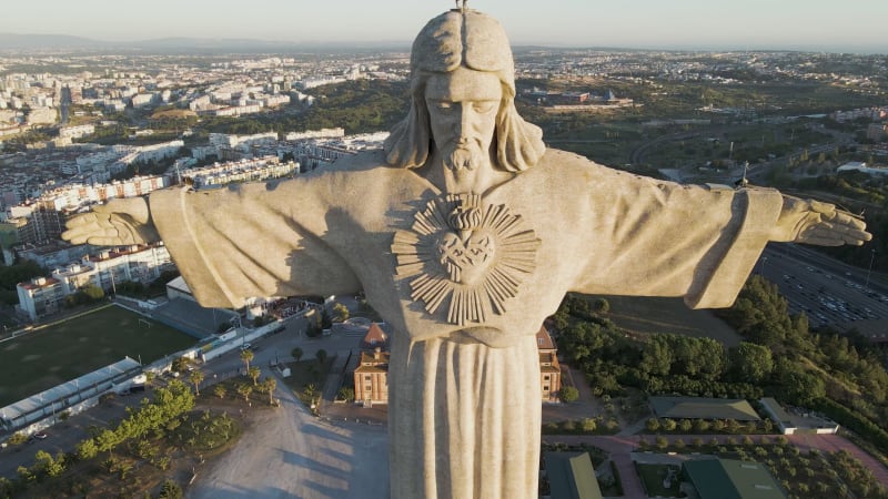 Aerial view of Cristo Rei statue in Almada, Lisbon, Portugal.