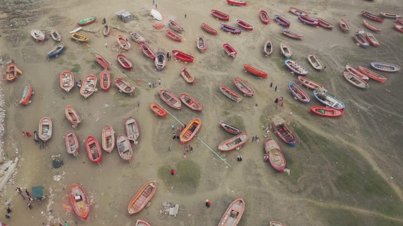 Aerial view of traditional boats in Meghna river, Chittagong, Bangladesh.