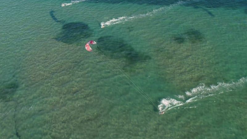 Aerial view of kitesurfing spot on the Neretva delta valley river