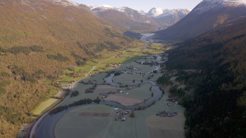 Stryn Town and Valley With Beautiful Winding River in the Early Morning