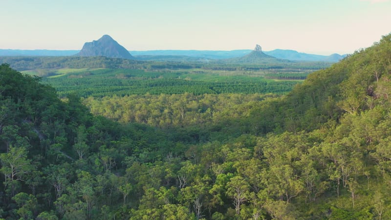 Aerial view of Mt Tunbubudla, Glass House Mountains, Queensland, Australia.