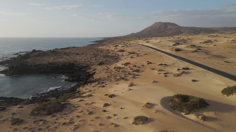 Aerial view of a road along the coast, Fuerteventura, Canary Islands, Spain.