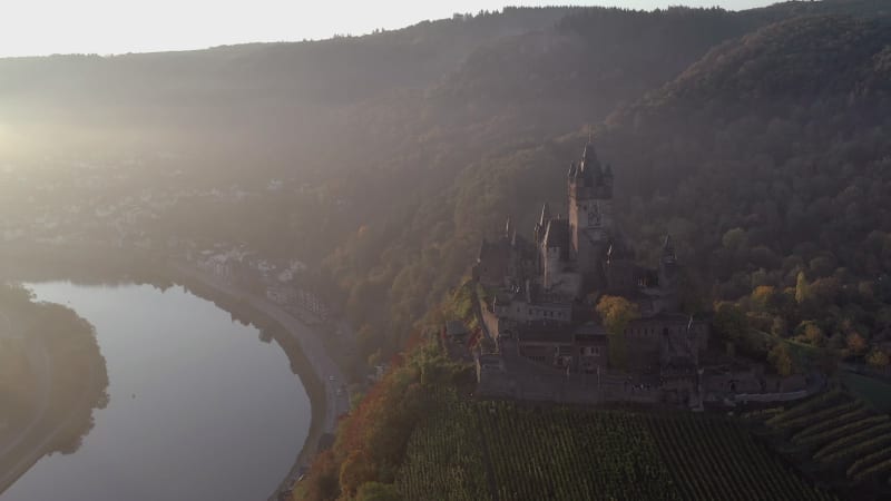 Sunrise View of Cochem in Germany with the Medieval Castle Overlooking the River