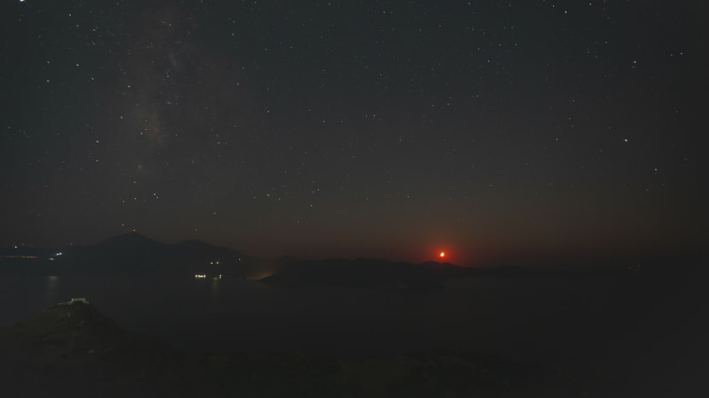 Time Lapse of Moon going down behind Ocean Horizon at Night with Milky Way
