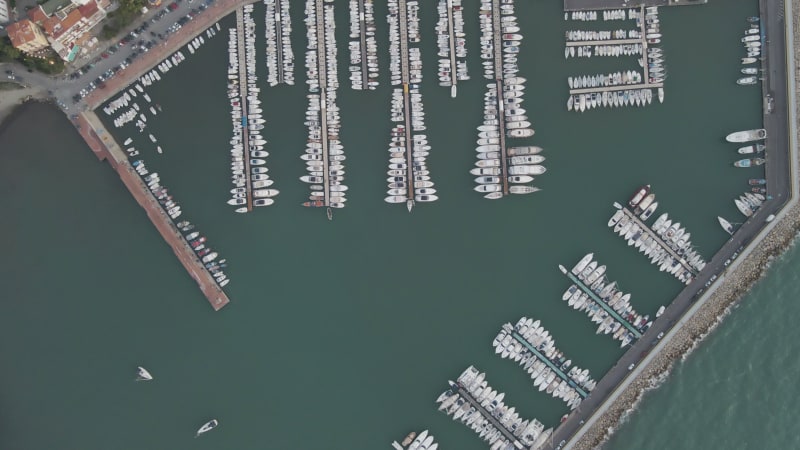 Aerial view of Agropoli harbour at sunset, Campania, Salerno, Italy.