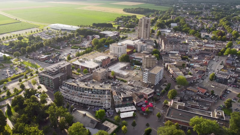 High rise buildings and busy streets in Emmen city center, Netherlands.