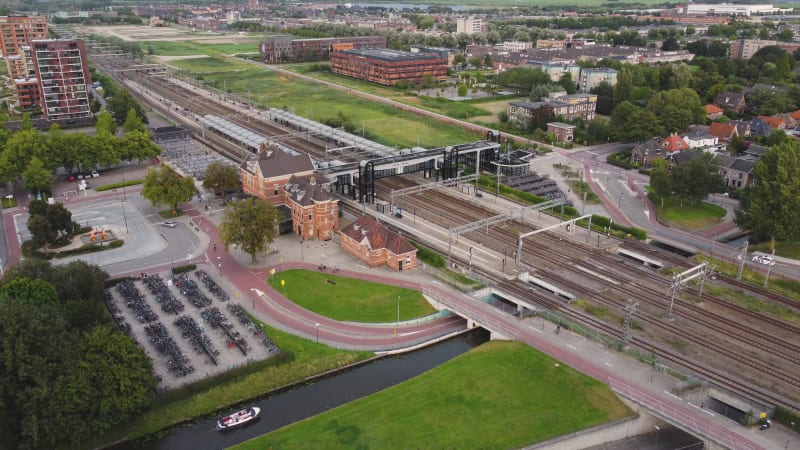 Stunning Aerial Shot of Empty Train Station in Woerden, Netherlands