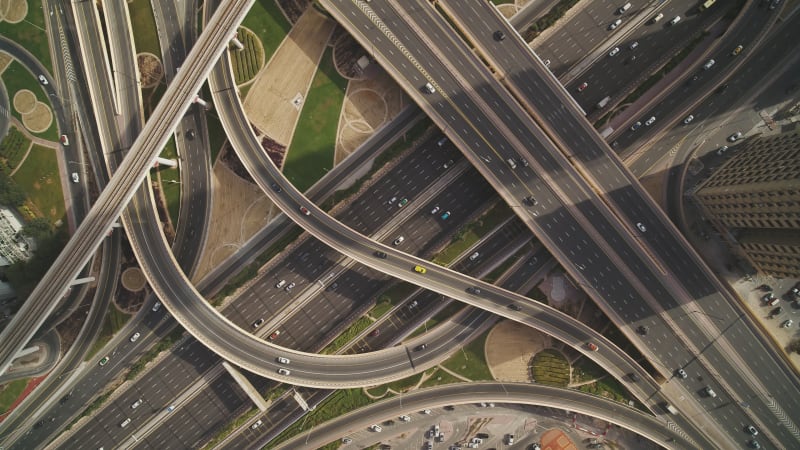 Aerial view of Dubai complex intersection road, United Arab Emirates.