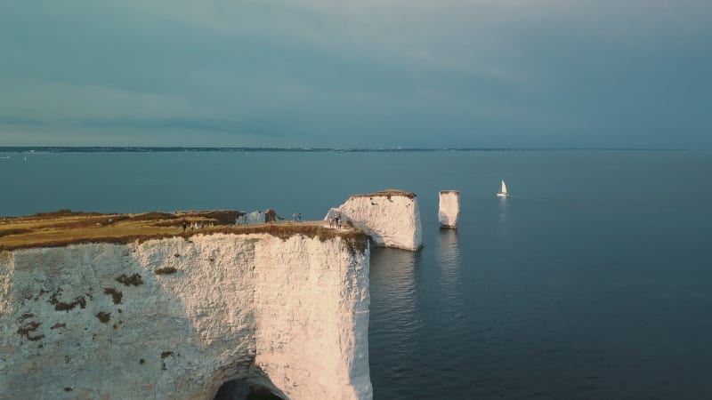 Aerial view of Old Harry Rocks white cliffs in Studland, Dorset, United Kingdom.