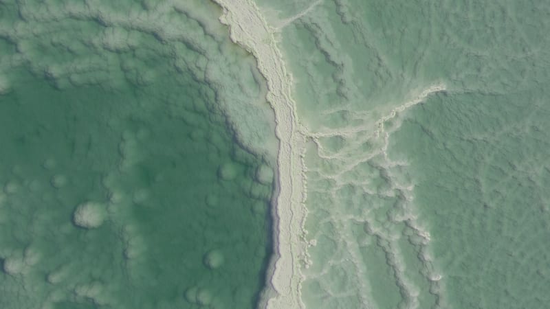 Aerial view of Dead Sea shoreline in Negev, Israel.