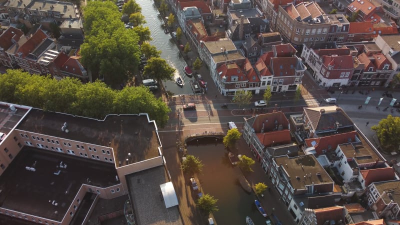 A water canal in a residential area of Leiden, South Holland, Netherlands.