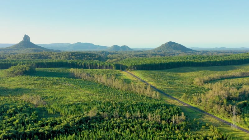 Aerial view of the Glass House Mountains, Sunshine Coast Hinterland.