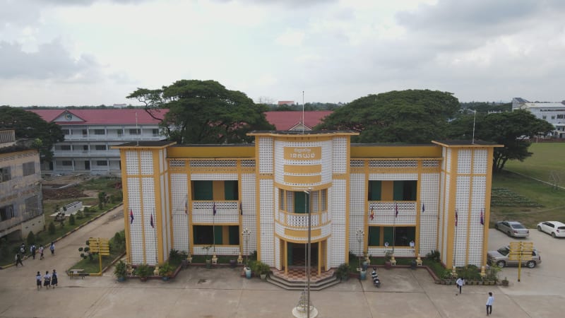 Aerial view of a beautiful building in disuse, Battambang, Cambodia.