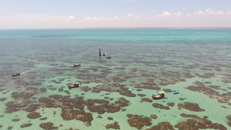 Aerial view of boats in turquoise sea.