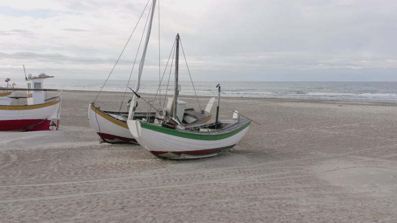 Old Fishing Boats Ashore on Thorup Strand Beach in Denmark