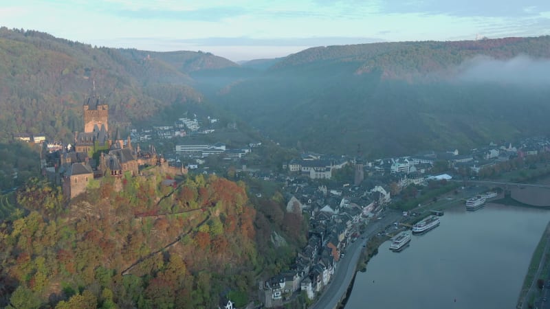 Sunrise View of Cochem in Germany with the Medieval Castle Overlooking the River