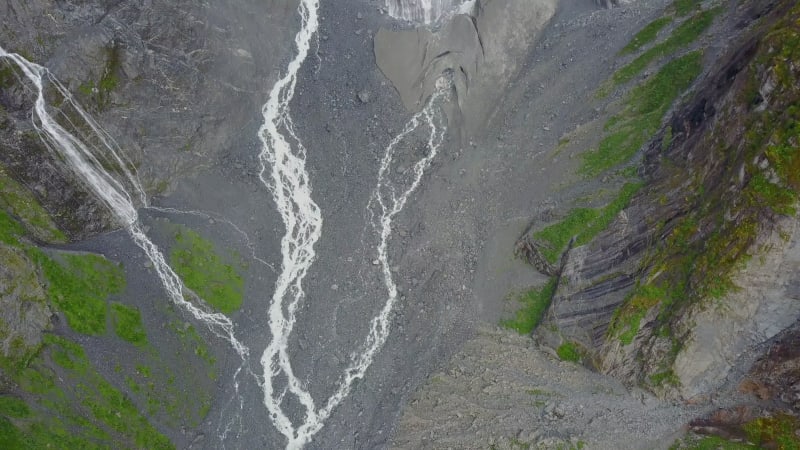 Aerial view of misty waterfall in Cisnes, Region de Aysen.