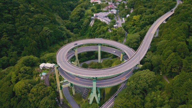 Aerial view of a circulous road on the Izu peninsula, Japan.