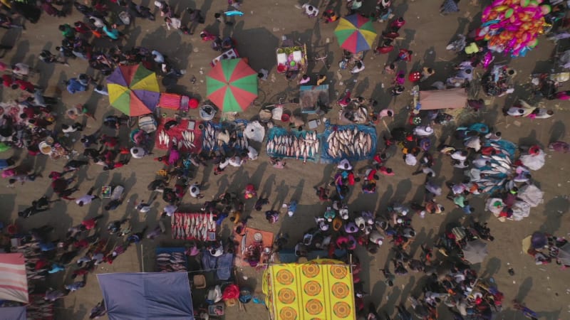 Aerial View of people at Rahman fish market, Chittagong, Bangladesh.