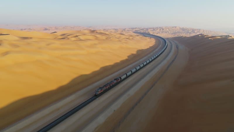 Aerial view of a long train crossing vast desert