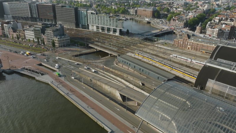 Overhead View of Train Departure from Amsterdam Central Station