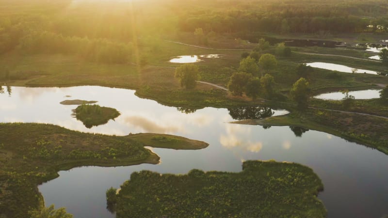 Aerial view of stunning lakes in a beautiful evening light.