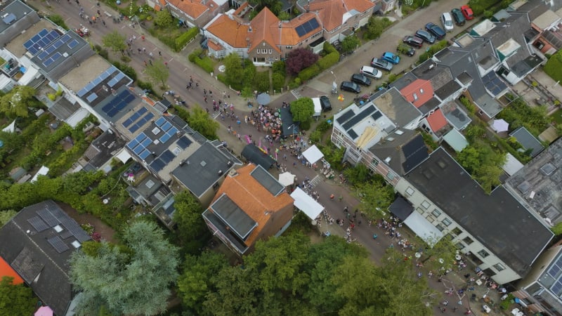 Aerial shot of 2023 International Four Days Marches of Nijmegen city. People walk 50km per day