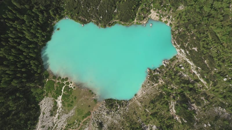 Tilted aerial view of famous Lago di Braies in the Italian P6zWhvZVrk in Europe