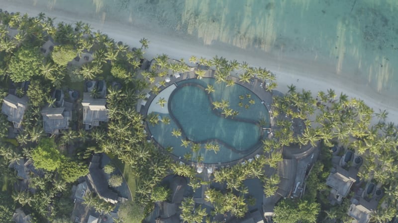 Aerial view of a small garden with swimming pool, Mauritius.