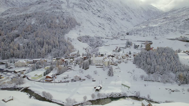 Snow Covered Hospental Village in Switzerland in the Winter