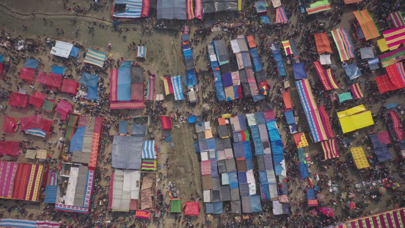 Aerial view of people at Rahman fish market, Chittagong, Bangladesh.