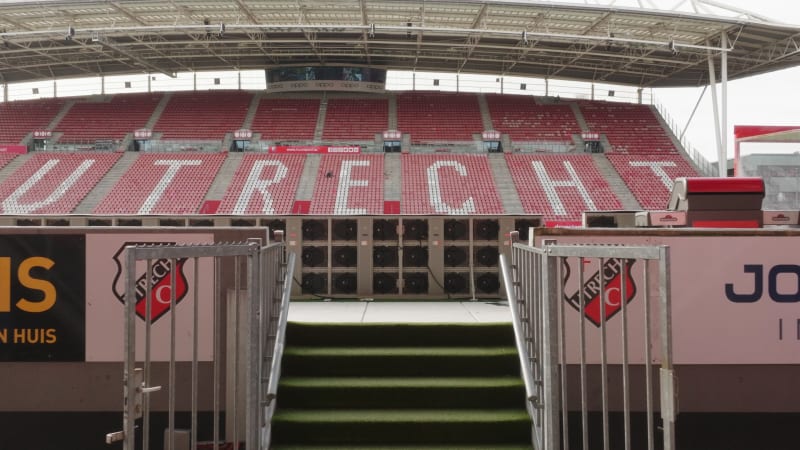 Aerial shot of coming out of the players entrance onto the field of FC Utrecht in the Galgenwaard stadium for football.