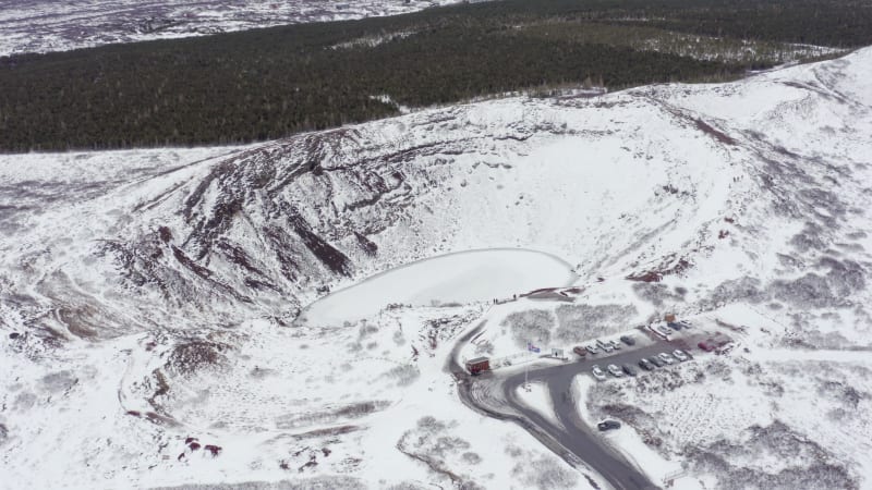 Snowy Volcanic Kerid Crater on the Golden Circle of Iceland Seen From the Air