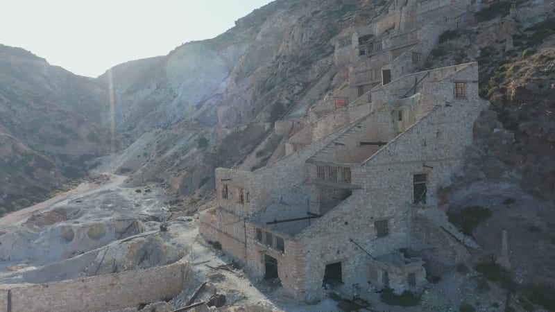 Aerial View of an Old Abandoned Sulphur Mine on Milos Island, Greece at Sunset