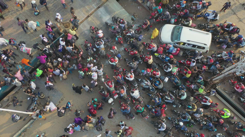 Aerial view of people waiting for ferry, Dhaka, Bangladesh,.