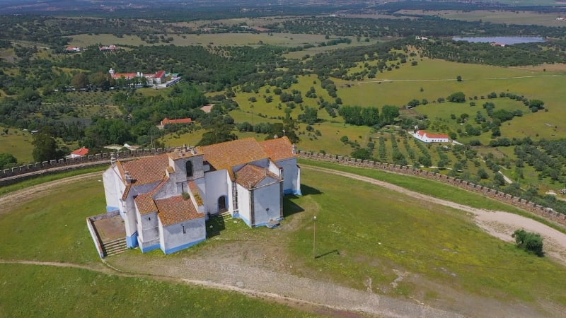 Aerial view of the circular castle in the town of Arraiolos.