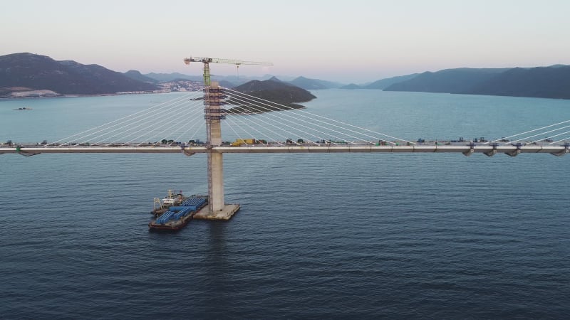 Aerial view of Peljeski bridge, Ston in Croatia.